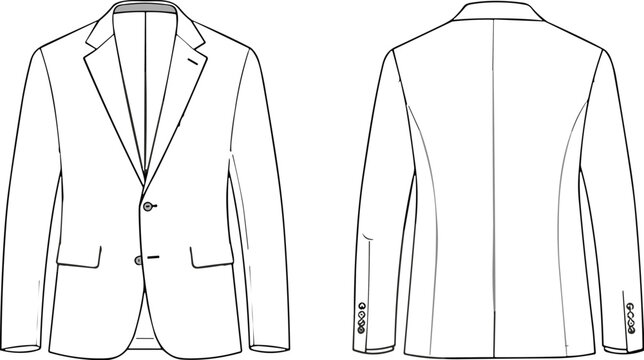 Men suit jacket technical drawing front and back view, fashion clothing template line art, formal blazer outline for tailoring design illustration
