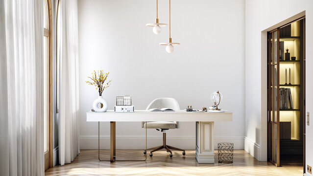 Cozy modern work office at home, 3d render