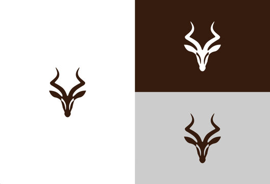 Minimalist antelope head logo vector set, elegant kudu horn animal emblem design, modern wildlife brand icon, brown and white variations isolated on background