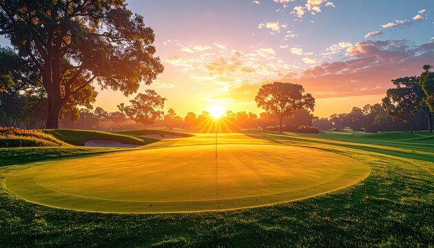 Sunrise over a golf course green, golden light, trees, and flagstick