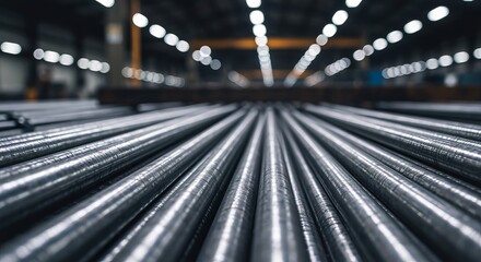 Fototapeta premium Close up of polished metal rods stacked in a factory with soft bokeh background lights