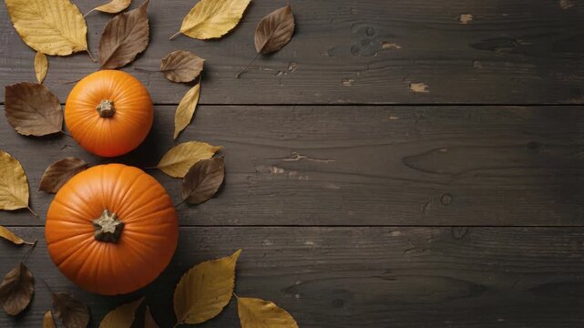 Autumn pumpkins and fallen leaves on rustic wooden table background