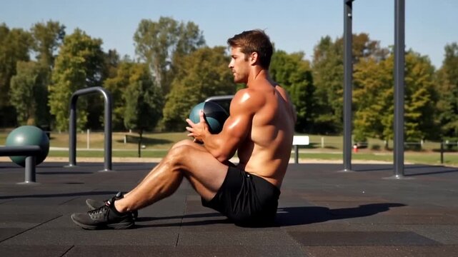 Man doing sit-ups with medicine ball at outdoor gym