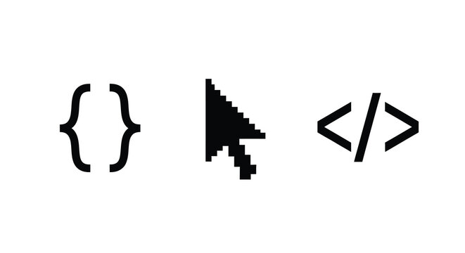 Three coding symbols depicted in a stark black silhouette
