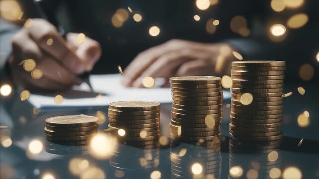 Businessperson counting growing stacks of gold coins with financial documents