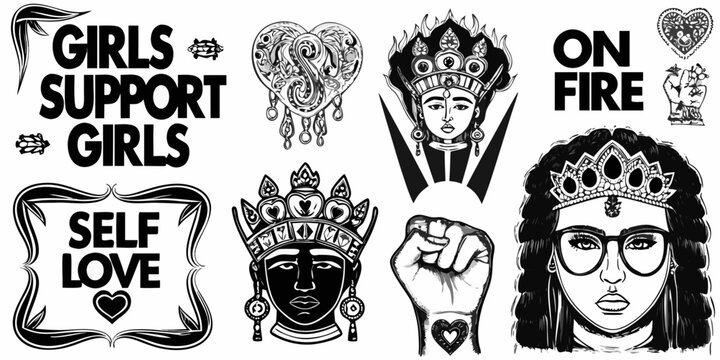 Empowering artwork featuring portraits slogans and decorative elements in black ink