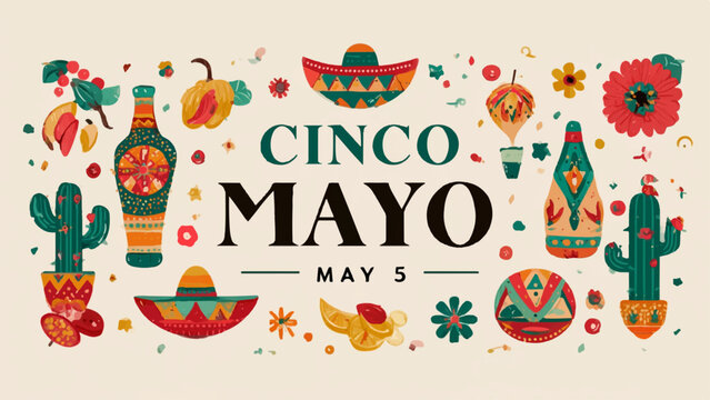 Cinco de Mayo vector illustration with colorful Mexican icons