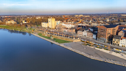 Obraz premium Venlo town marina and waterfront near Meuse river aerial drone view from above, Venlo bird’s view cityscape on sunny weather, Limburg, Netherlands