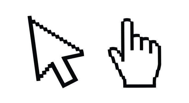 Two computer cursors in black one showing a pointing hand silhouette