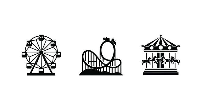 Amusement park rides including a ferris wheel roller coaster and carousel silhouette