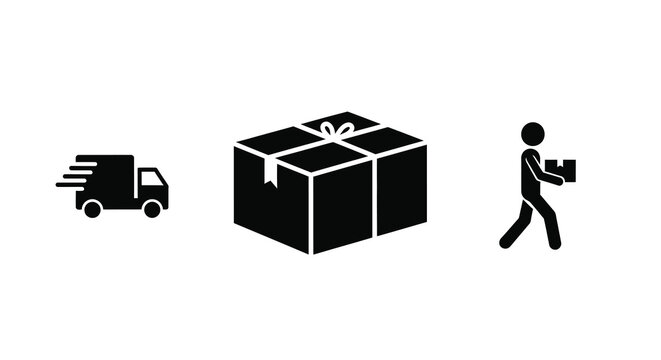 Delivery truck gift and person carrying a package silhouette