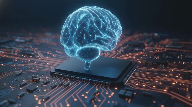 Futuristic digital brain hovering over advanced circuit board with glowing neural network