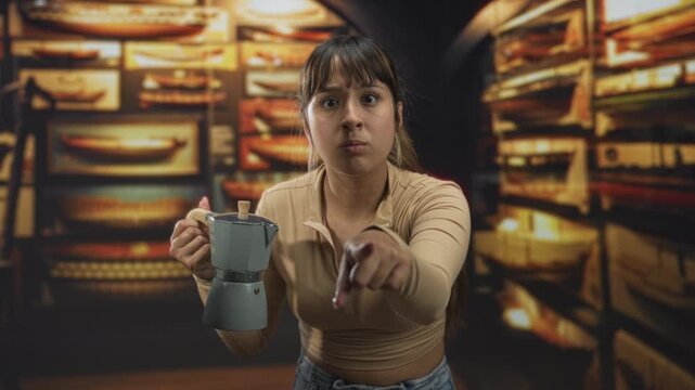 Woman holding moka pot and pointing finger at camera in studio, direct stare; anger confrontation urgency.