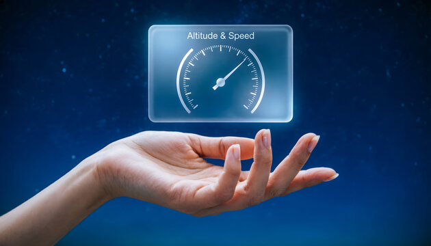 A human hand hovering beneath a floating 3D AI altitude and speed dashboard interface.