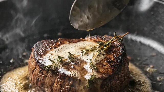 Basting seared steak with herb butter in sizzling pan. Gourmet cooking technique for juicy beef preparation and savory dinner.