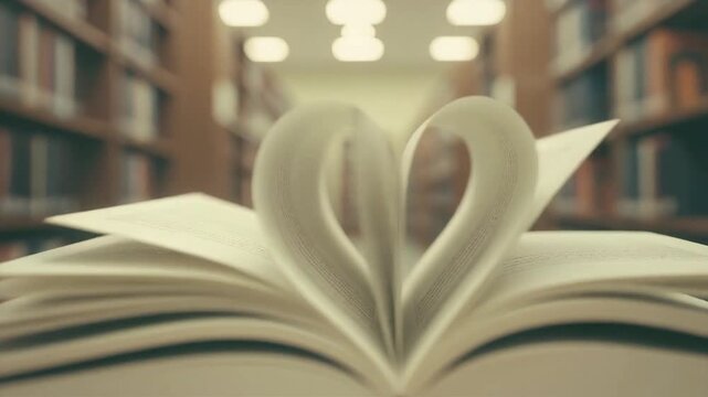 Open book with heart shape formed by pages in library with bookshelves background