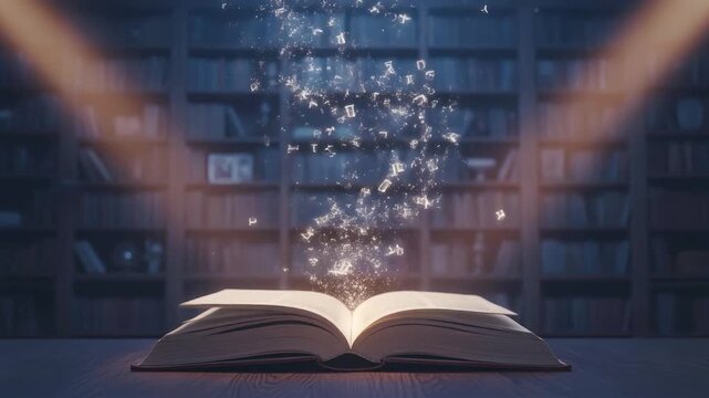 Open book with magical sparkles floating above in library with shelves of books