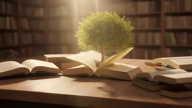 Open books forming tree with sunlight in library setting educational concept