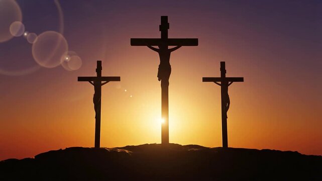 Silhouette of three crosses at sunset with glowing sun and bubbles in sky symbolizing crucifixion