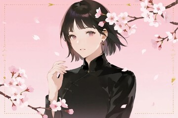Fototapeta premium Elegant anime girl in a black qipao surrounded by falling cherry blossoms representing grace and cultural beauty