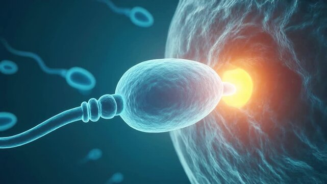 Sperm cell approaching egg cell fertilization process close up3 d animation medical science concept
