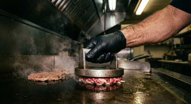 Chef Pressing Smash Burger Patty on Commercial Griddle