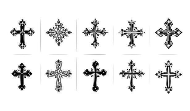 Grid-based decorative cross icon pack vector set with floral, filigree, and vintage designs
