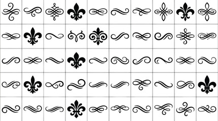 Assortment of black decorative swirls fleur de lis and infinity symbols on a white background flourish © Muhammad