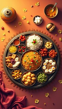 Top view illustration of a Navratri fasting thali with sabudana khichdi, kuttu puri, aloo sabzi, fruits, and sweets, clean minimal festive background, modern food styling
