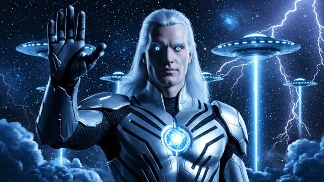 Ultra cinematic science fiction scene showing Ashtar Pleiadian commander of the Silver Fleet standing in deep cosmic space tall noble humanoid with long flowing silver hair glowing blue eyes calm maje
