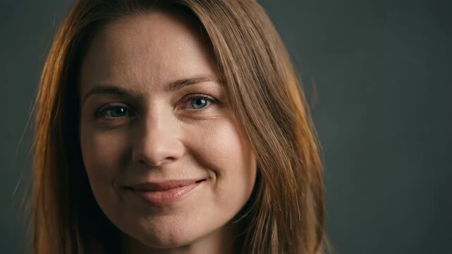Woman displaying progressive smile expressions. Close-up portrait of female face transitioning from neutral to happy. Emotional positivity and natural beauty concept in sequential frames.