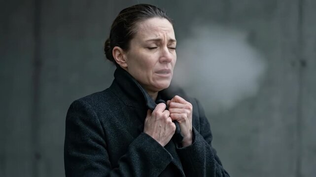 Woman expressing emotional distress in urban setting. Sequence shows her worry building to contemplation. Portrait of sadness and inner turmoil on her face during reflective moment.