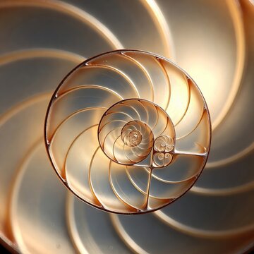 Abstract golden nautilus shell spiral with Fibonacci sequence geometry representing mathematical perfection in nature
