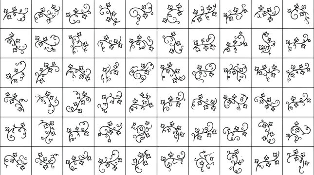Collection of 50 black ivy vine and leaf decorative elements on a white background flourish