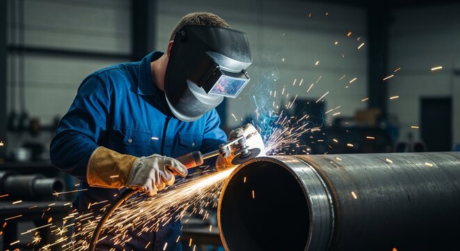 Craftsman at Work Safely Welding Steel Components in an Industrial Workshop Environment