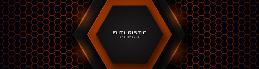 Naklejka na ściany i meble 3D black orange techno abstract background overlap layer on dark space with hexagons effect decoration. Modern graphic design element cutout style concept for web, flyer, card, or brochure cover