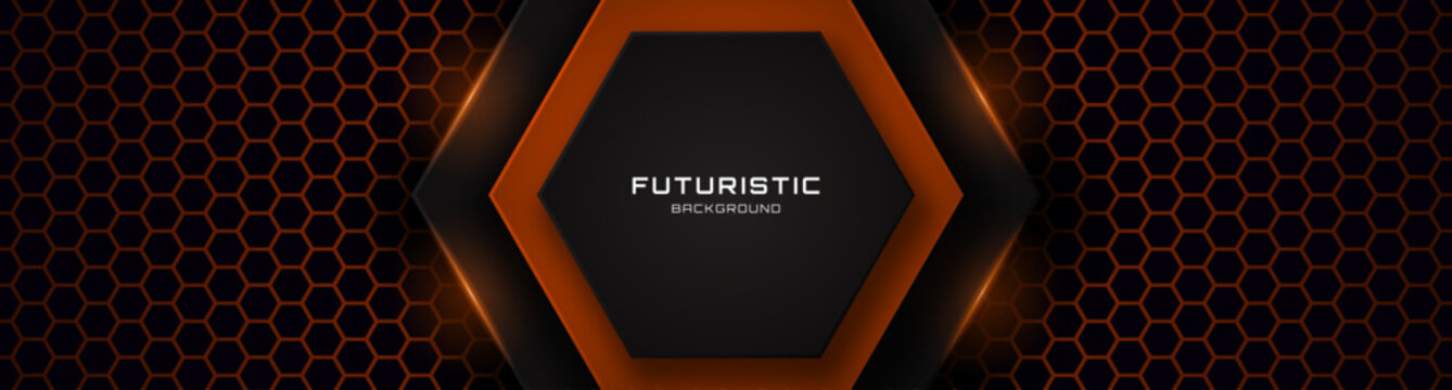 3D black orange techno abstract background overlap layer on dark space with hexagons effect decoration. Modern graphic design element cutout style concept for web, flyer, card, or brochure cover