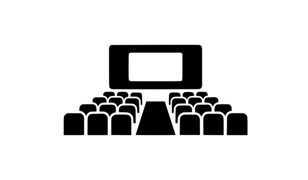 Cinema auditorium icon black stencil vector with seats and screen minimal silhouette design isolated on white