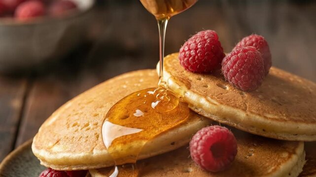Pouring golden honey over stack of fluffy pancakes topped with fresh raspberries. Sweet breakfast drizzle sequence showing syrup flow from dipper to treat. Morning meal preparation with fruity