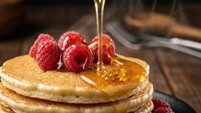 Pouring golden syrup over stack of pancakes topped with fresh raspberries. Breakfast preparation sequence showing drizzle from start to finish. Morning meal concept with berry topping and steam.