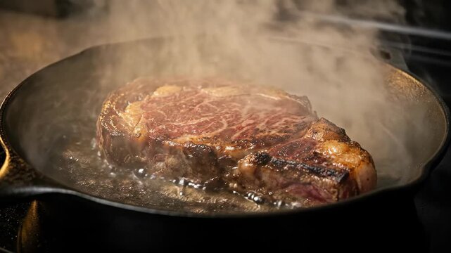 Ribeye steak searing in cast iron skillet. Cooking sequence showing browning process with rising steam. Gourmet beef preparation for meal