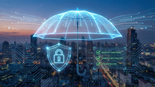 Cyber insurance policy checklist umbrella shield concept. Digital security concept with a protective umbrella over a city.