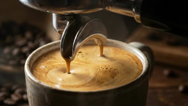 Espresso machine pouring hot coffee into cup. Close-up sequence of brewing process with steam rising and foam forming. Coffee preparation concept in cafe