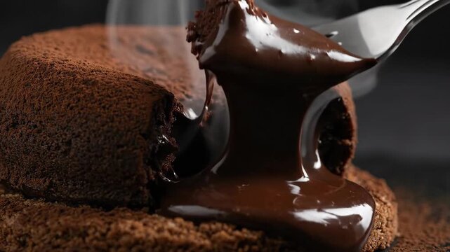 Molten chocolate cake cut open by fork revealing gooey center. Hot lava dessert with steam rising. Indulgent baking treat and gourmet food concept.