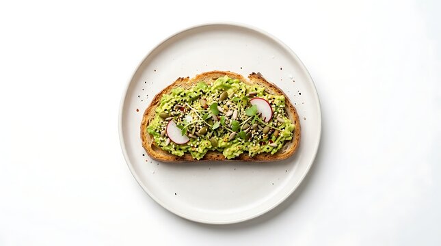 Delicious avocado toast with seeds and radish on white plate, Healthy breakfast or snack option with fresh ingredients