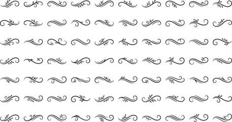 Obraz premium Grid of 50 black decorative vine and leaf flourishes on a white background ornament