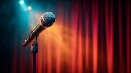 Obraz premium Microphone on stage with red curtain background performance music concert entertainment show concept