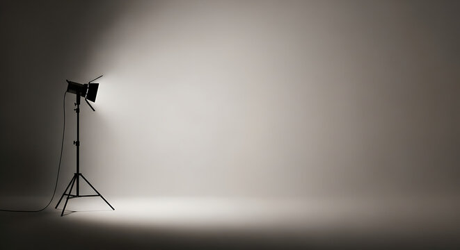 A spotlight shines on a dark room with a stand and light source.