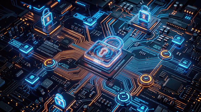 Vulnerability management patching strategy security concept. Futuristic circuit board with digital security locks and connections.