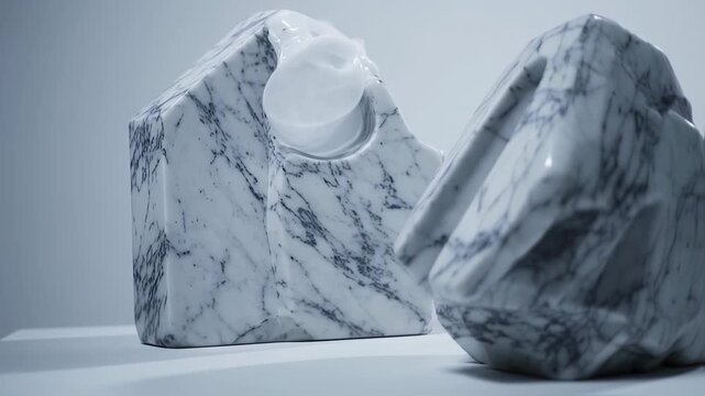 Three abstract marble sculptures with veining, white on white, creating a minimalistic and serene scene